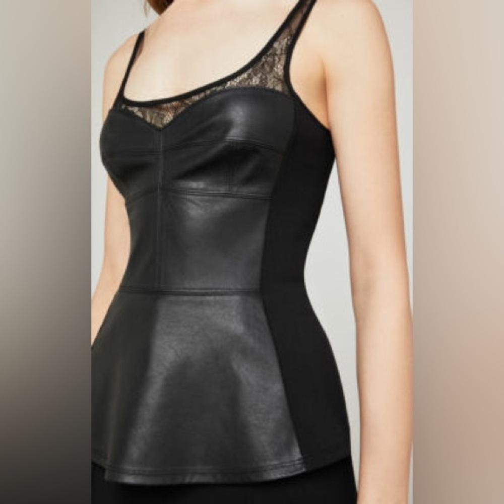 BCBGMaxAzria Black Lace-Trim Faux Leather Sleeveless Tank Top